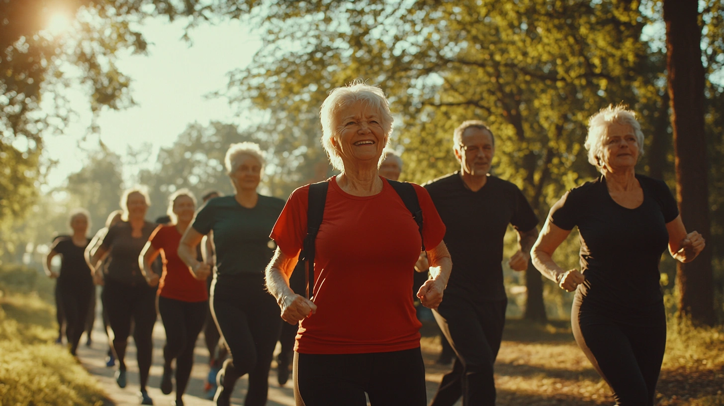 Активні пенсіонери займаються спортом у парку